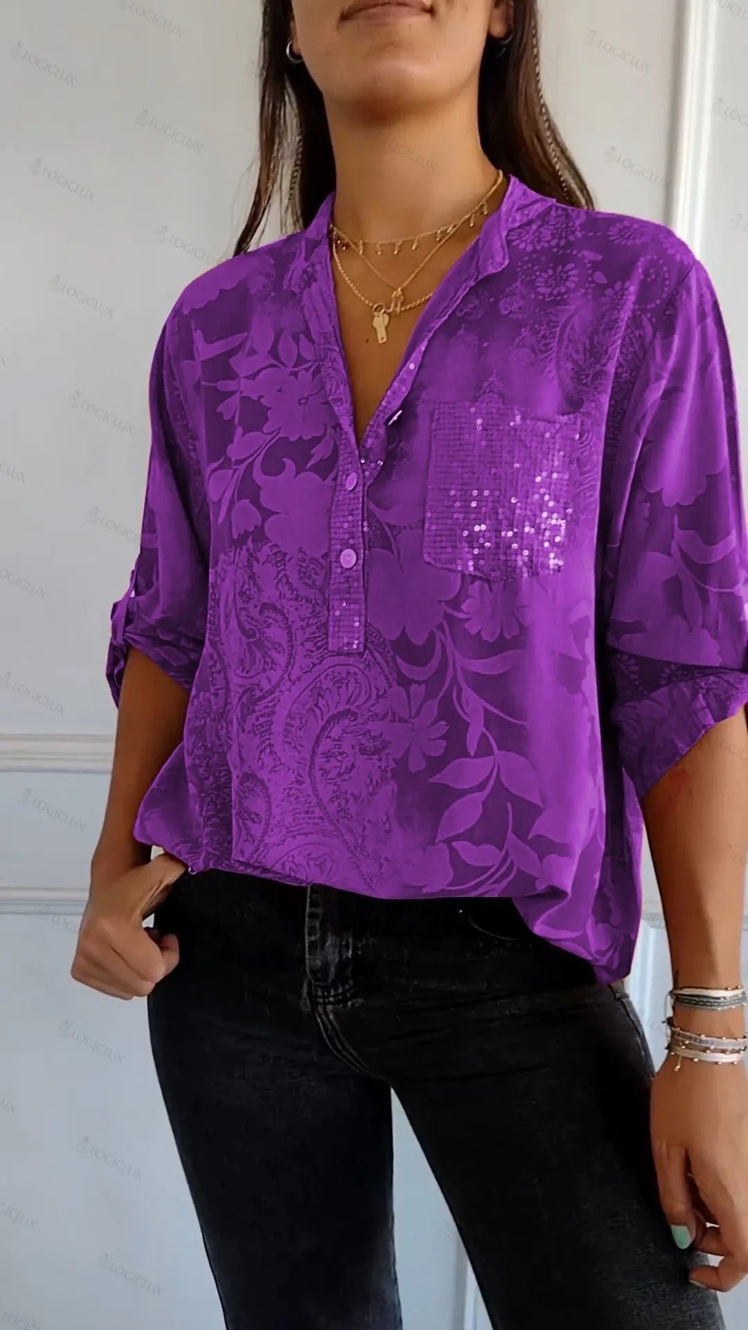 V-neck Half-button Printed Top(buy more save more)