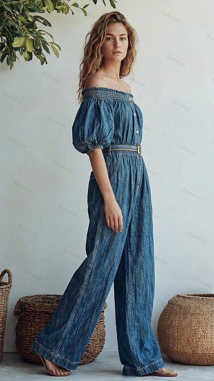 Women's Off-shoulder Puff-sleeve Denim Wide-leg Jumpsuit