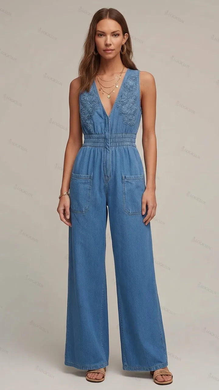 Womens Sleeveless V-neck Embroidered Elastic Waist Wide Leg Denim Jumpsuit
