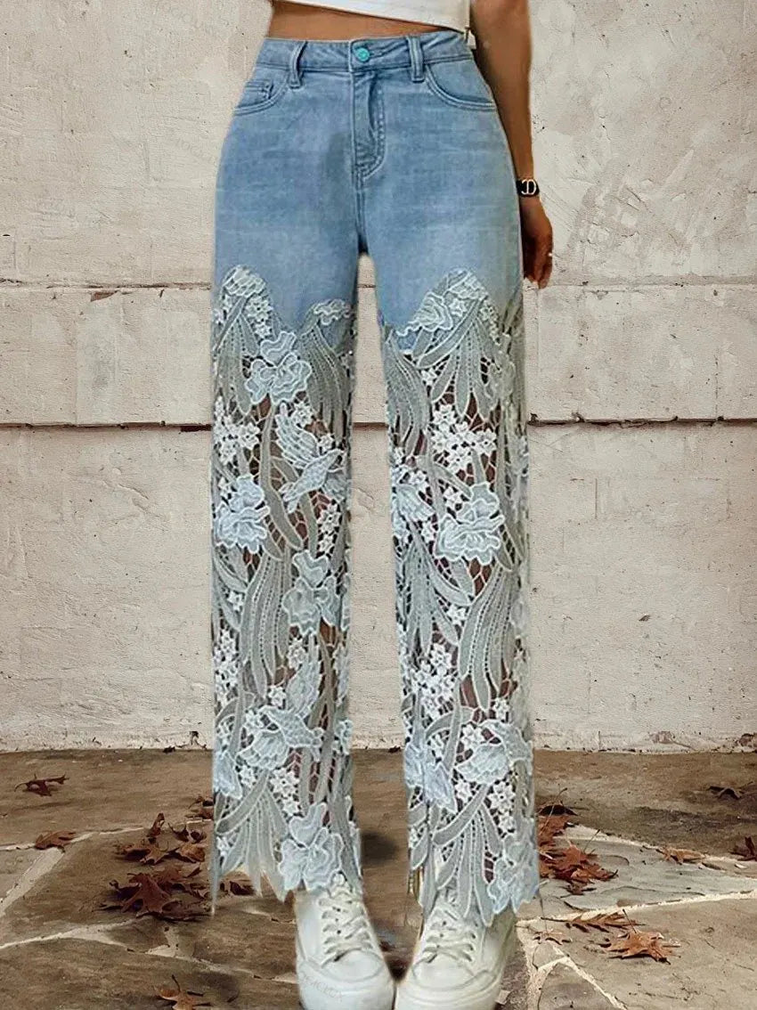 Women's Mid Waist Buttoned Lace Patchwork Jeans