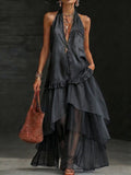 Boho Organza Hem Loose-fit Denim Maxi Dress