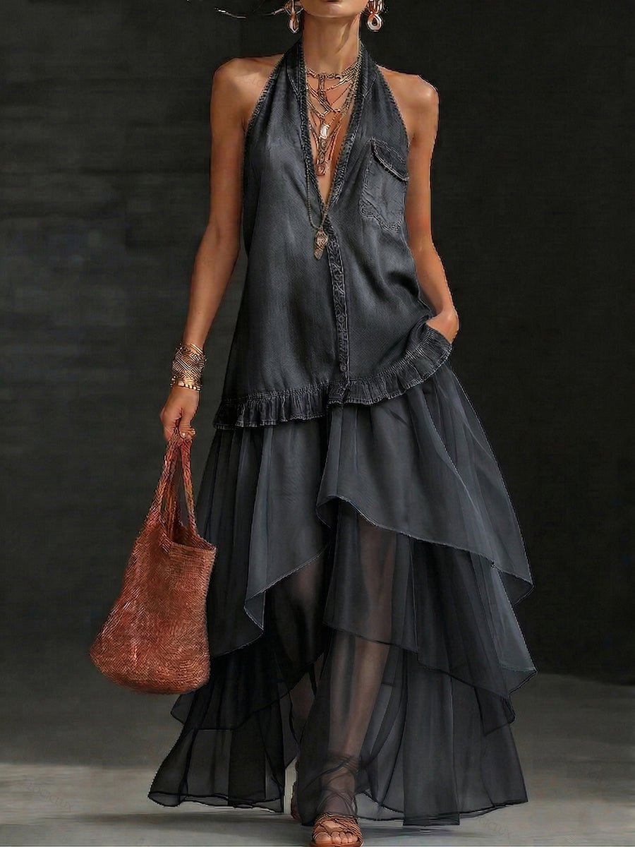 Boho Organza Hem Loose-fit Denim Maxi Dress