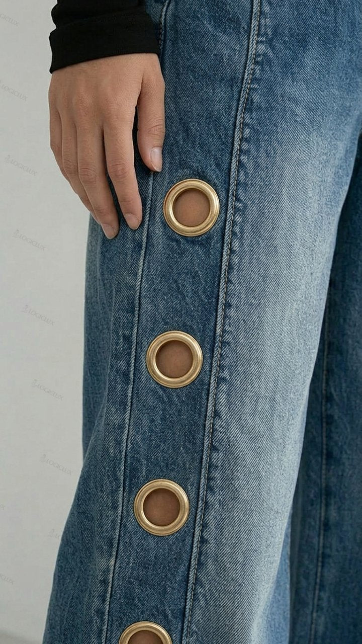 Womens High Waist Wide Leg Side Metal Ring Jeans