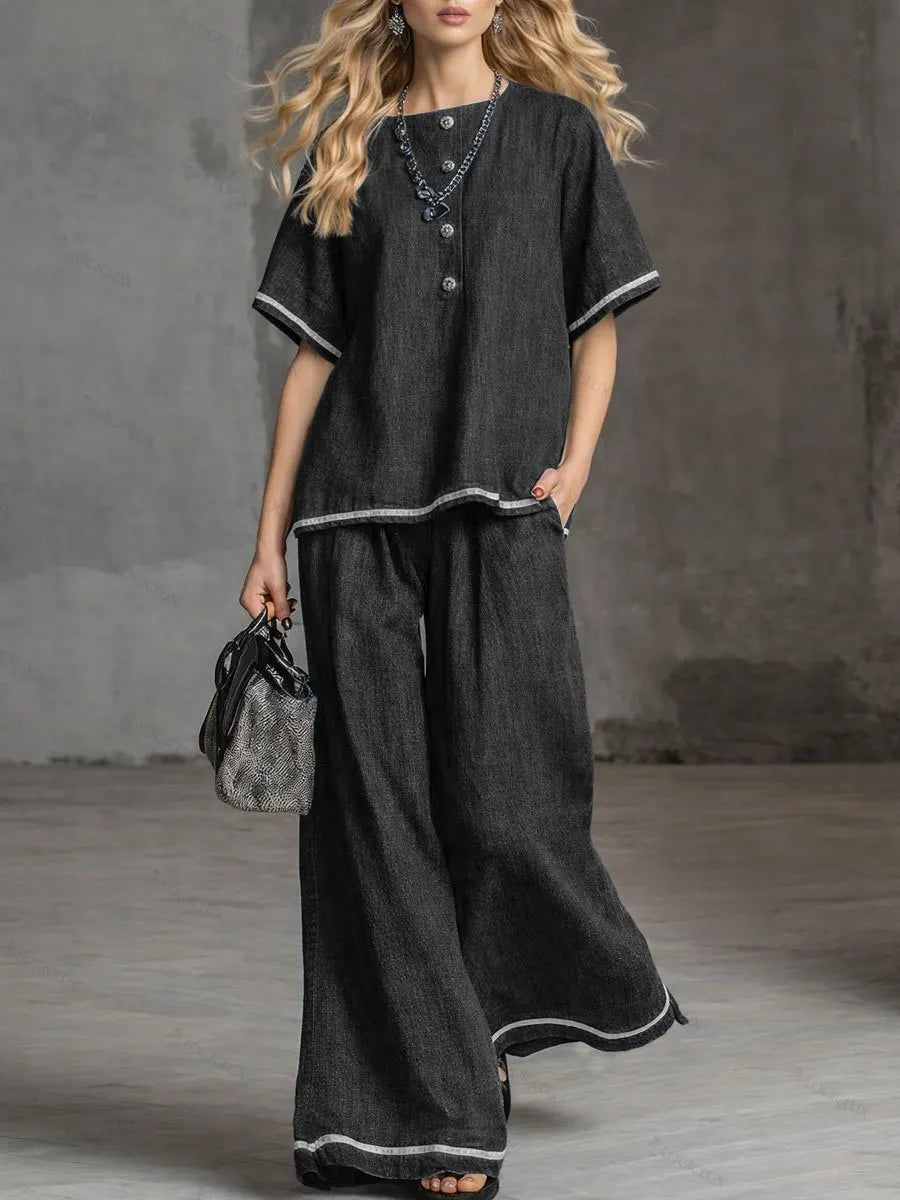 Women's Round Neck Short-sleeved Casual Loose Denim Top And High-waisted Wide-leg Denim Pants Set.
