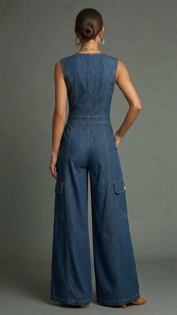 Womens Sleeveless Deep V-neck Single-breasted Multi-pocket Wide Leg Denim Jumpsuit