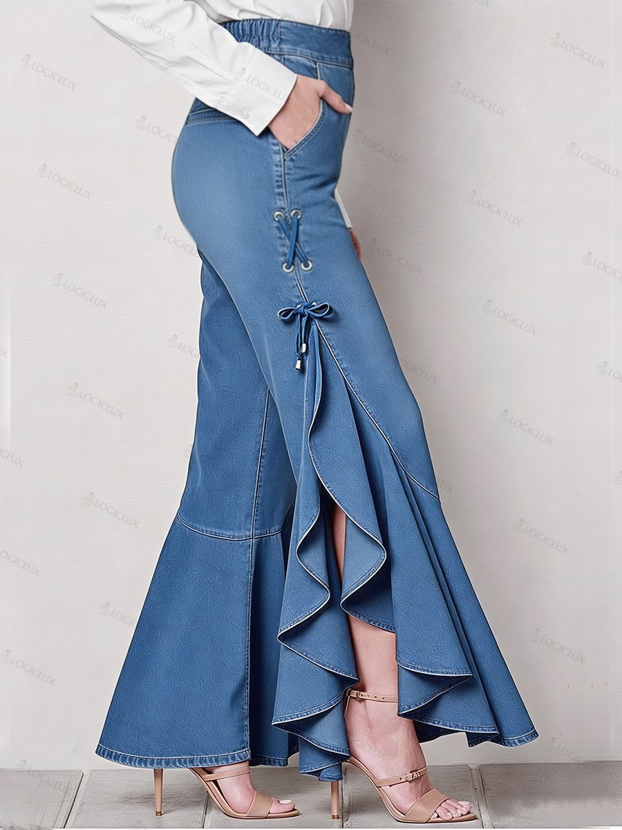 Elegant ruffled denim pants
