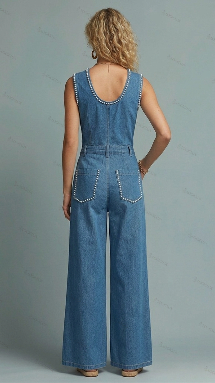 Womens Sleeveless V-neck Stud Decorated Denim Wide Leg Jumpsuit