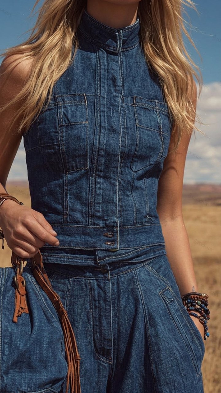 Retro Denim Sleeveless Top & Wide-Leg Pants Set