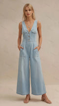 Womens Sleeveless V-neck Single-breasted Wide Leg Denim Jumpsuit