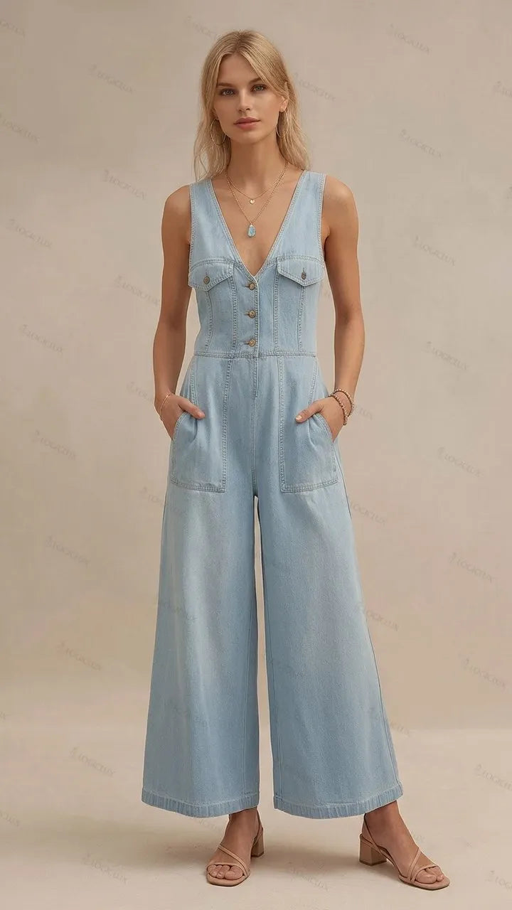 Womens Sleeveless V-neck Single-breasted Wide Leg Denim Jumpsuit