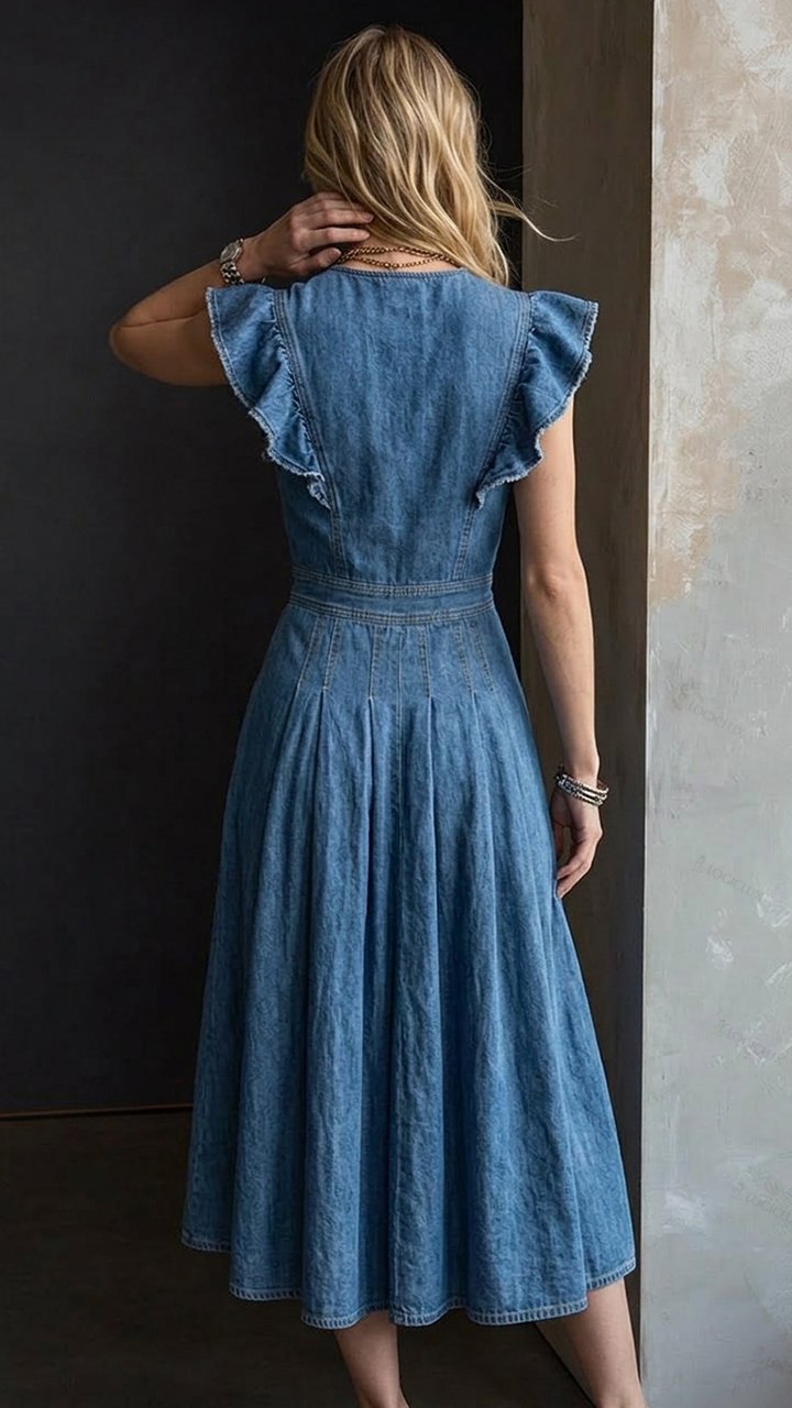 Women's V-neck Ruffle Sleeve Single-breasted Denim Midi Dress with Pockets