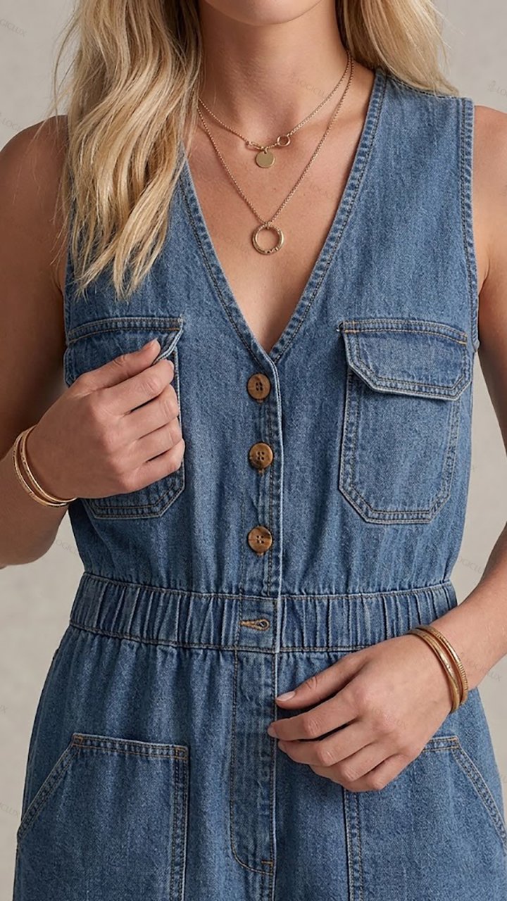 Womens Sleeveless V-neck Multi-pocket Drawstring Waist Denim Wide Leg Jumpsuit