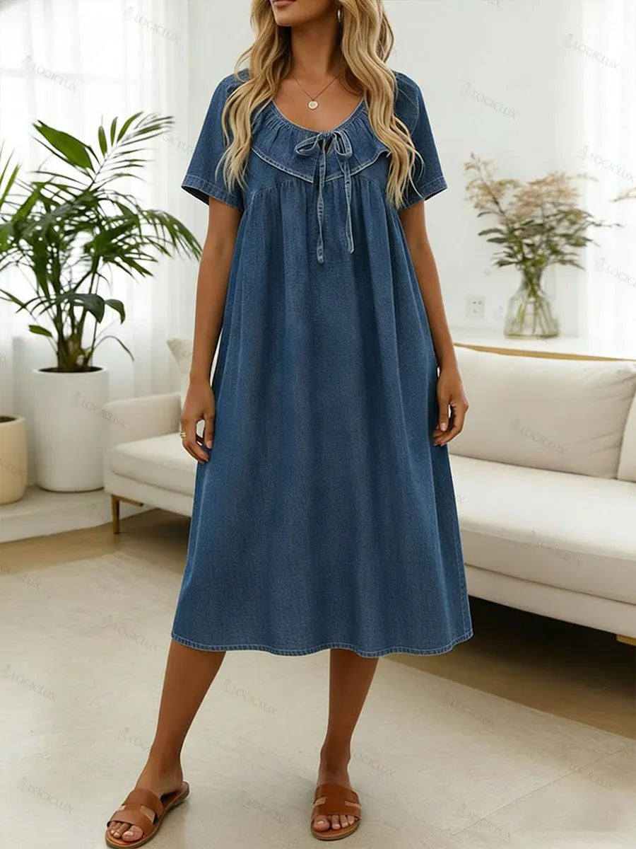 Women's Ruffled V-neck Short-sleeved Casual Loose Denim Dress