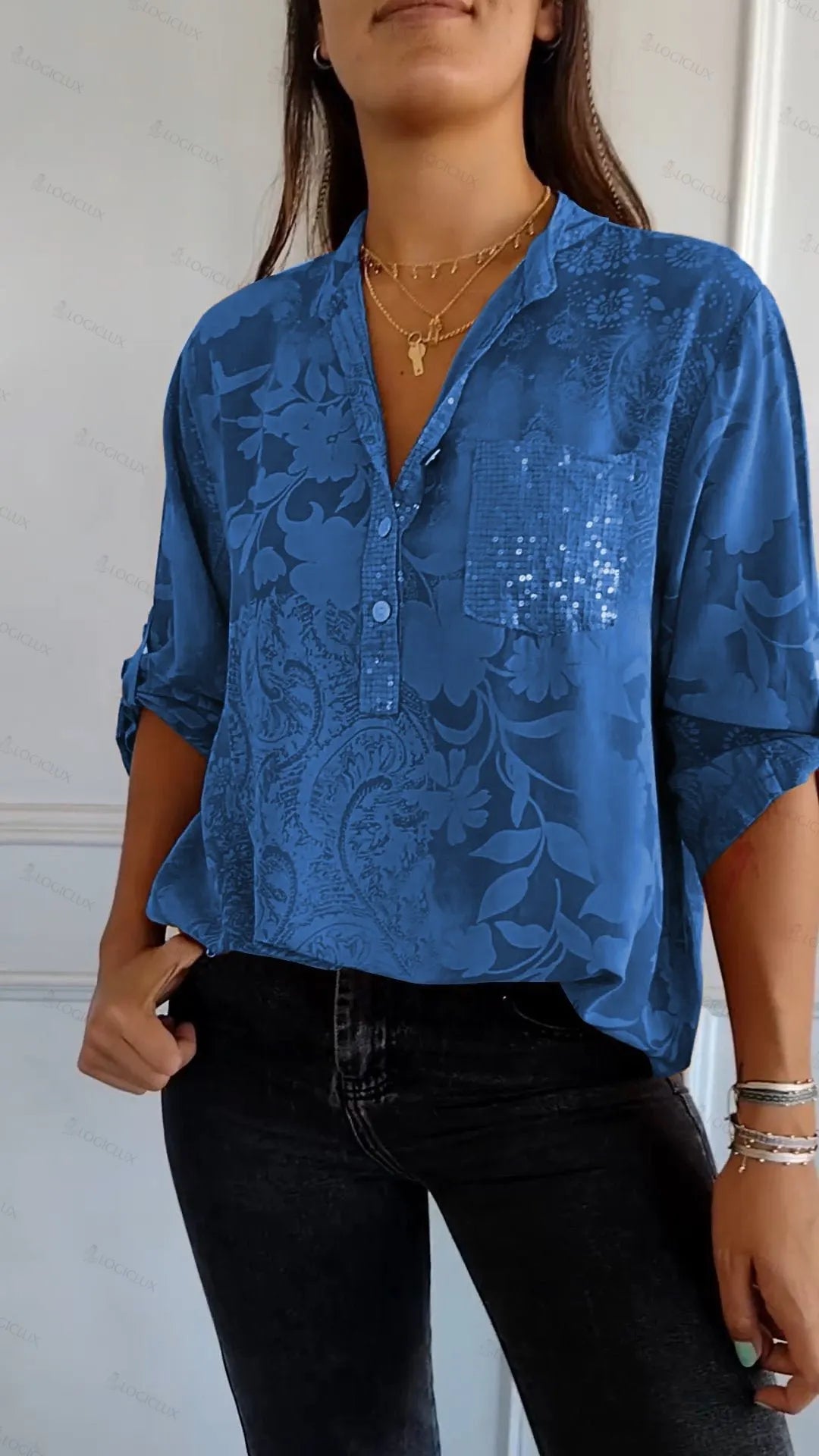 V-neck Half-button Printed Top(buy more save more)