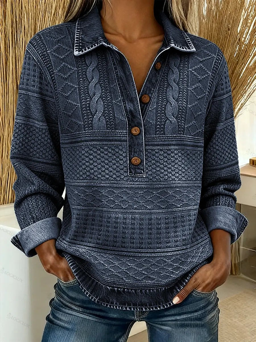Women's Denim Print Shirt Collar Casual Loose Knit Top