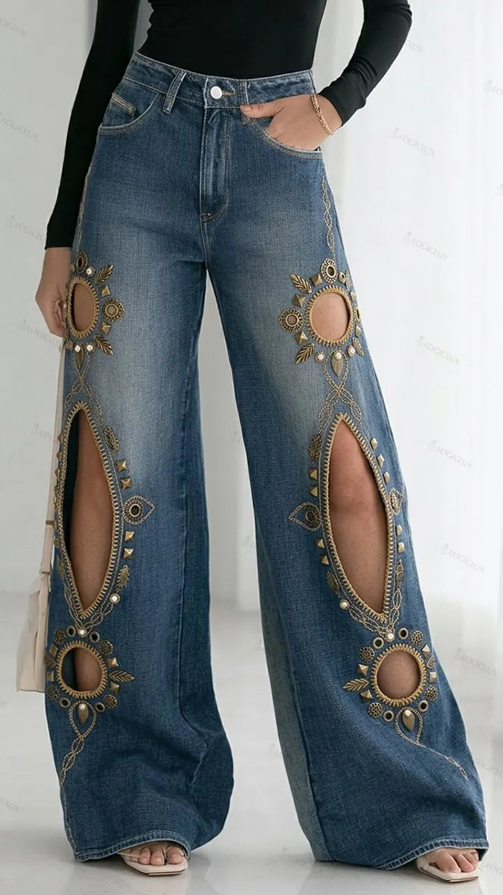 Womens High Waist Wide Leg Embroidered Cut-out Jeans