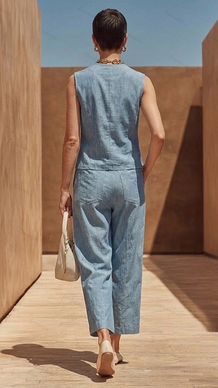 Women's V-neck Sleeveless Denim Vest and Wide-leg Pants Set