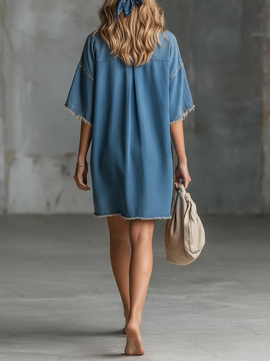 Women's Shirt Collar 1/2 Sleeve Casual Loose Denim Dress