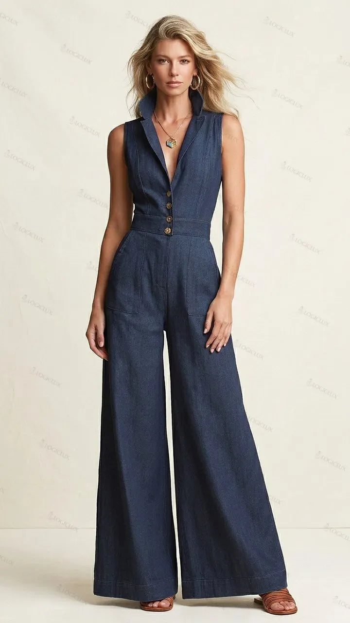 Womens Sleeveless Notched Collar Single-breasted Denim Wide Leg Jumpsuit