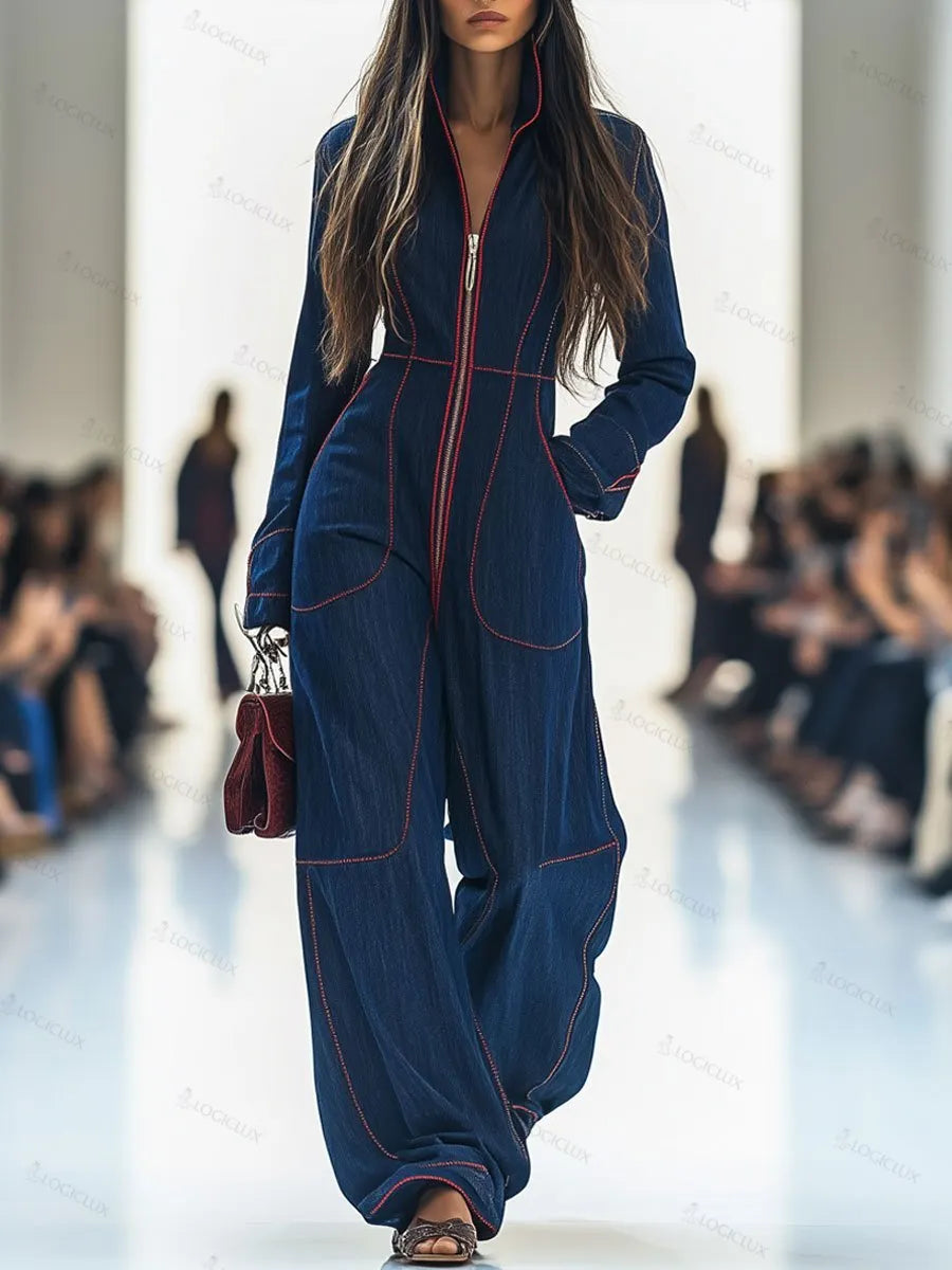 Women's Lapel Retro Zipper Pocket Long-Sleeved Wide-Leg Denim Jumpsuit