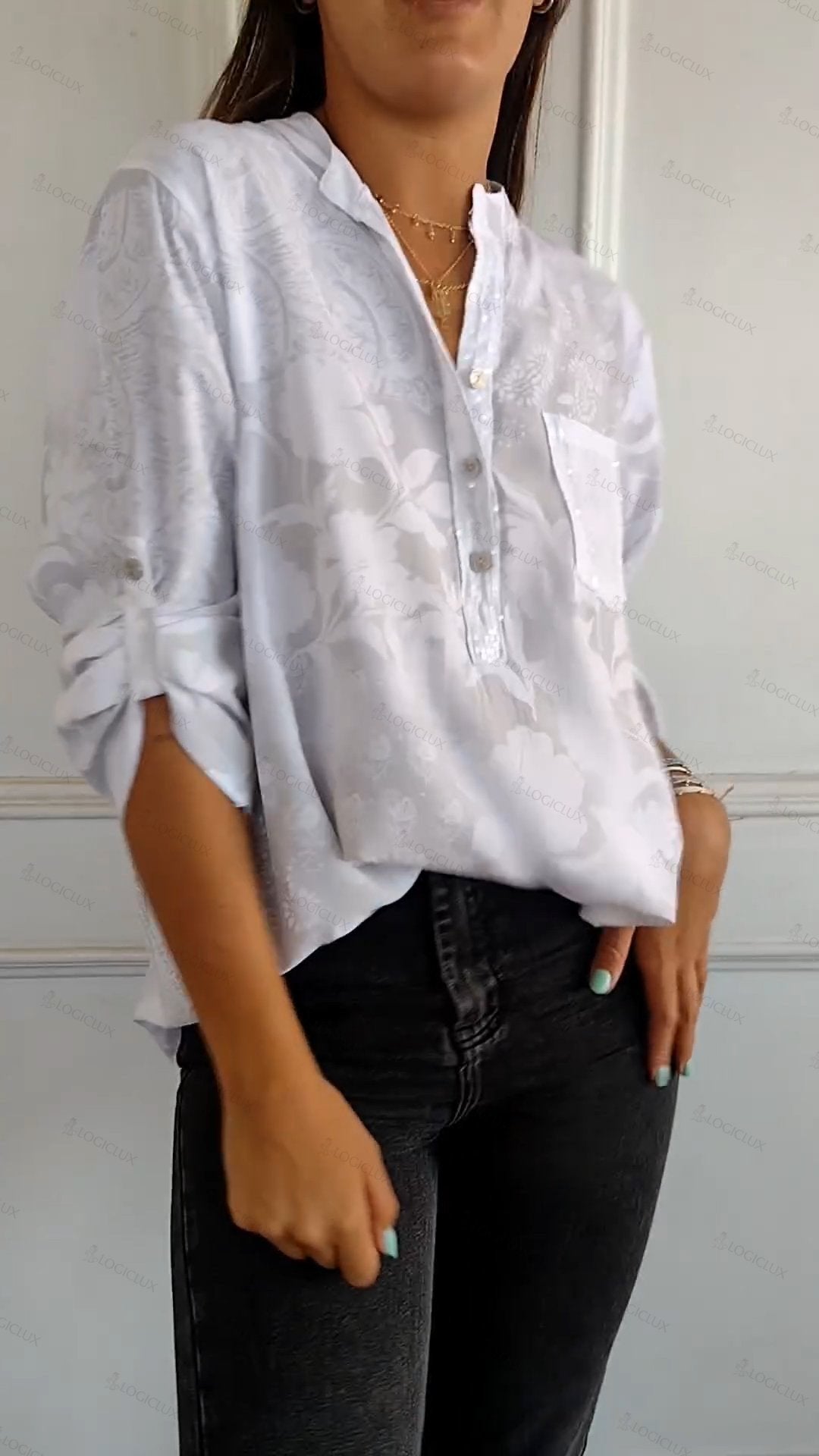 V-neck Half-button Printed Top(buy more save more)