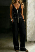 Women‘s Fashion Casual Sleeveless Zipper Stitching Denim Jumpsuit