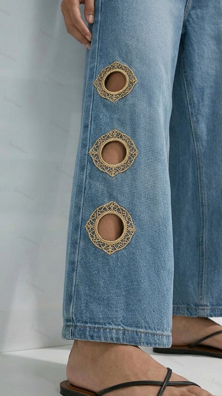 Womens High Waist Wide Leg Side Cut-out Decorated Jeans