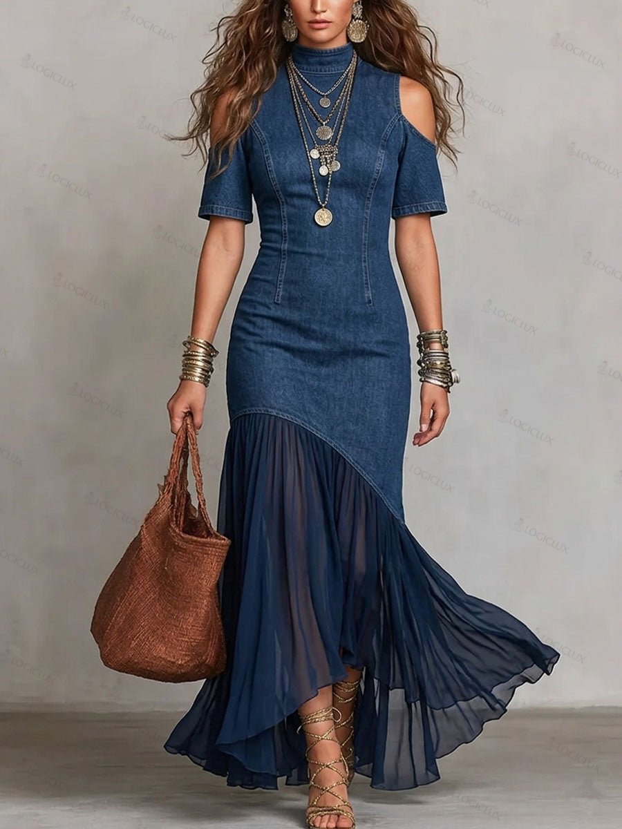 Women's Stand-collar Short-sleeve Slim-fit Casual Denim-paneled Dress