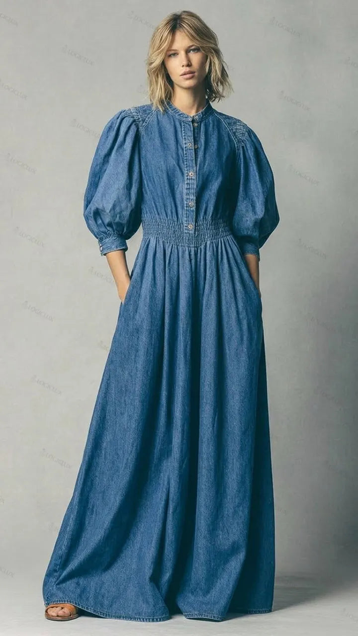 Women's Stand-collar Puff-sleeve Denim Maxi Dress