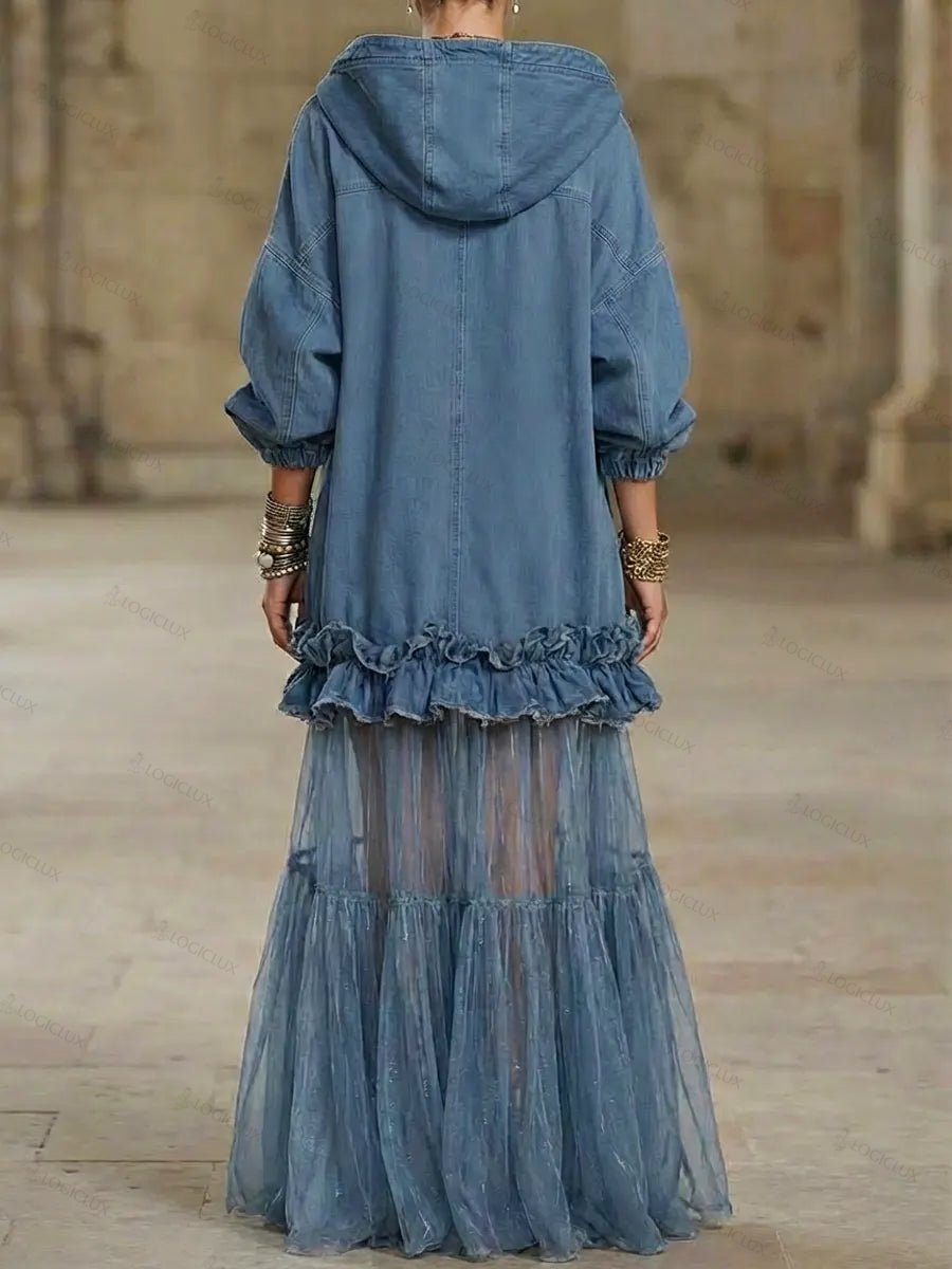 Women's Retro Hooded Zip Ruffled Denim Organza Patchwork Art Casual Maxi Dress