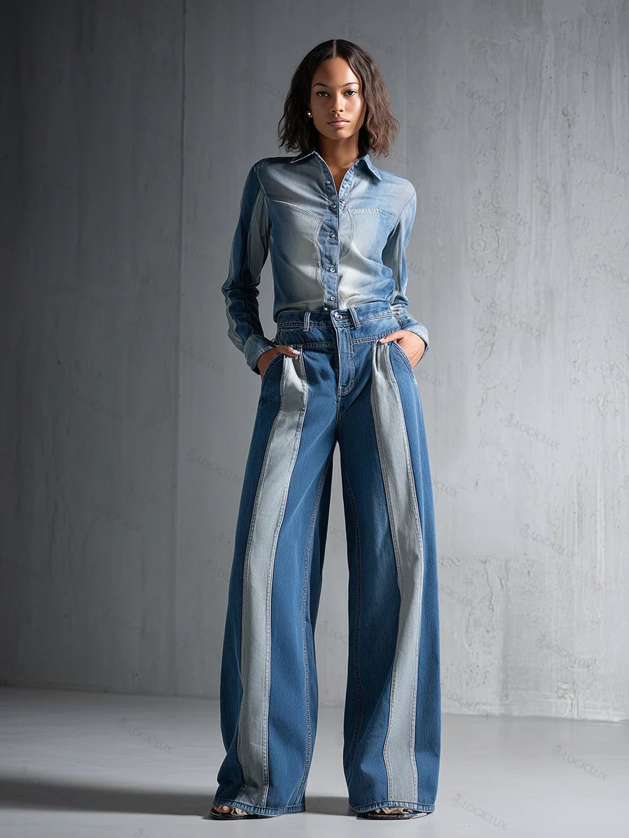 High-end Fashionable Patchwork Denim Wide-leg Pants