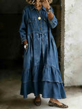 Women's Long-sleeved Collared Washed Tiered Maxi A-line Denim Shirt Dress