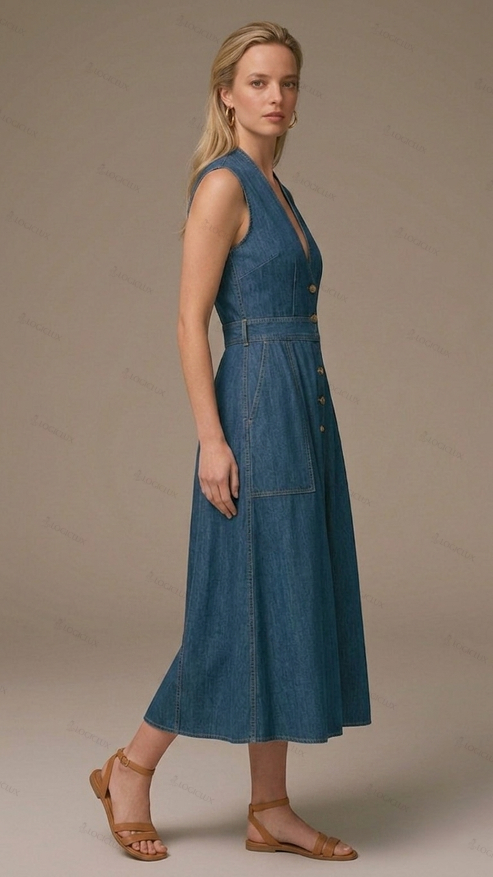 Womens Sleeveless V-neck Single-breasted Denim A-line Midi Dress