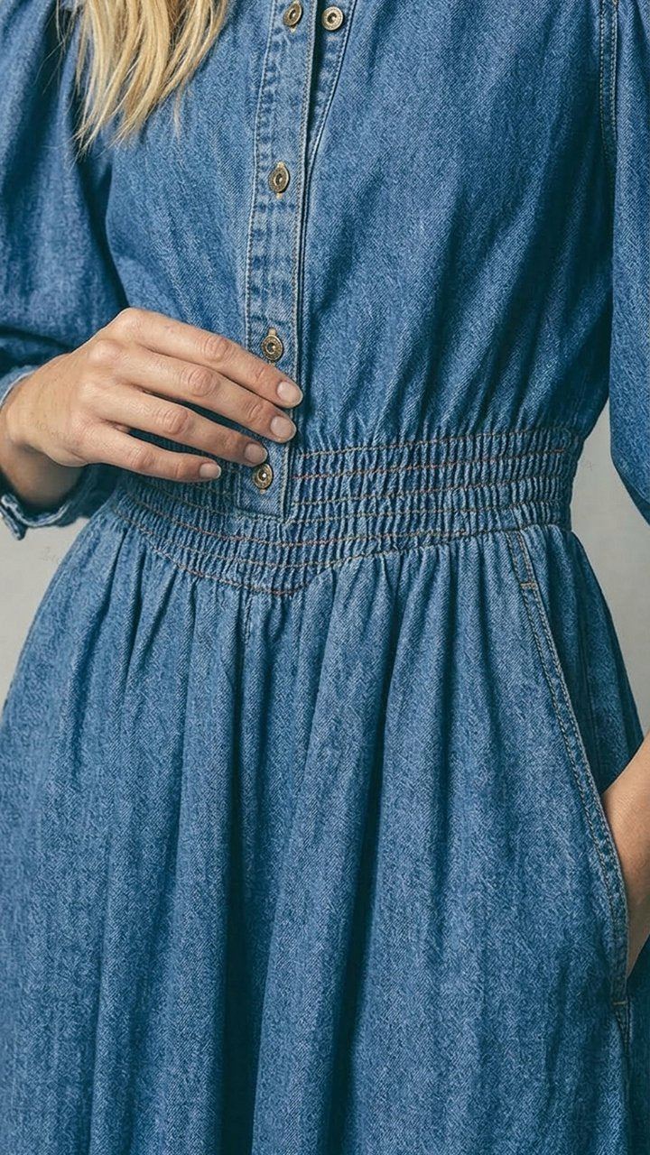 Women's Stand-collar Puff-sleeve Denim Maxi Dress