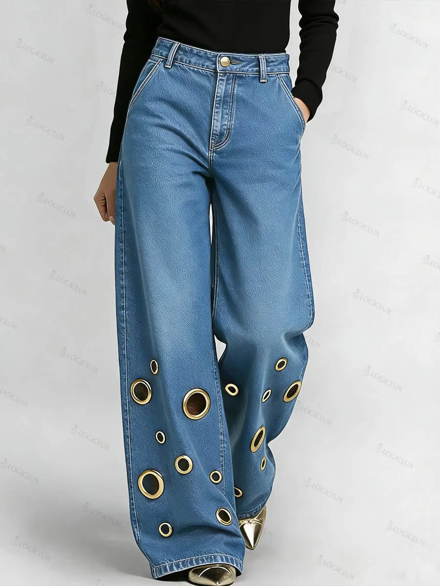Women's High-waisted Hollow-out Design Casual Loose Wide-leg Jeans