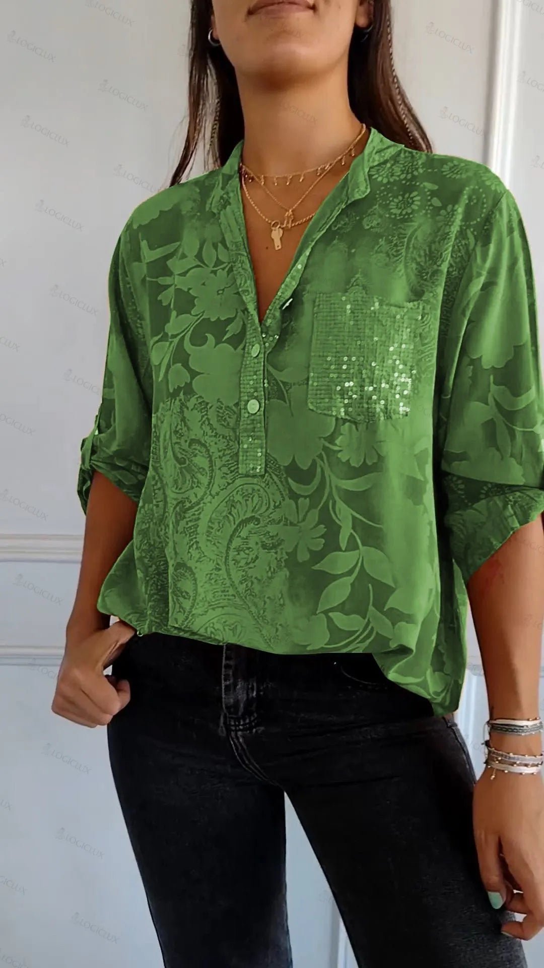 V-neck Half-button Printed Top(buy more save more)