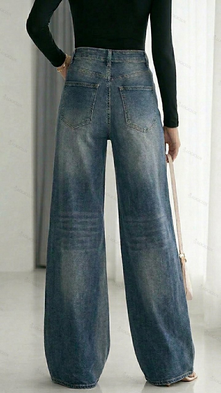 Womens High Waist Heavily Embroidered Ripped Wide Leg Jeans