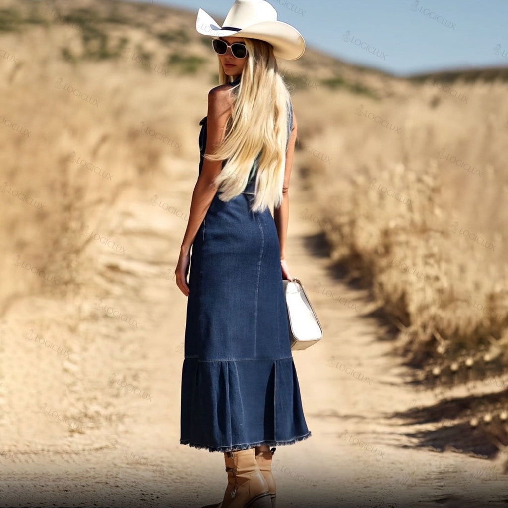 Casual Fashion Dark Blue Denim Sleeveless Shirt Fishtail Midi Dress