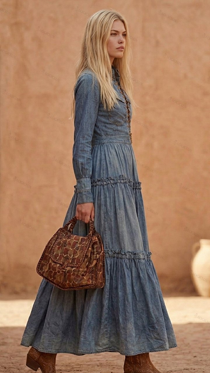 Women's Lace-up Cinched-waist Tiered Denim Maxi Dress