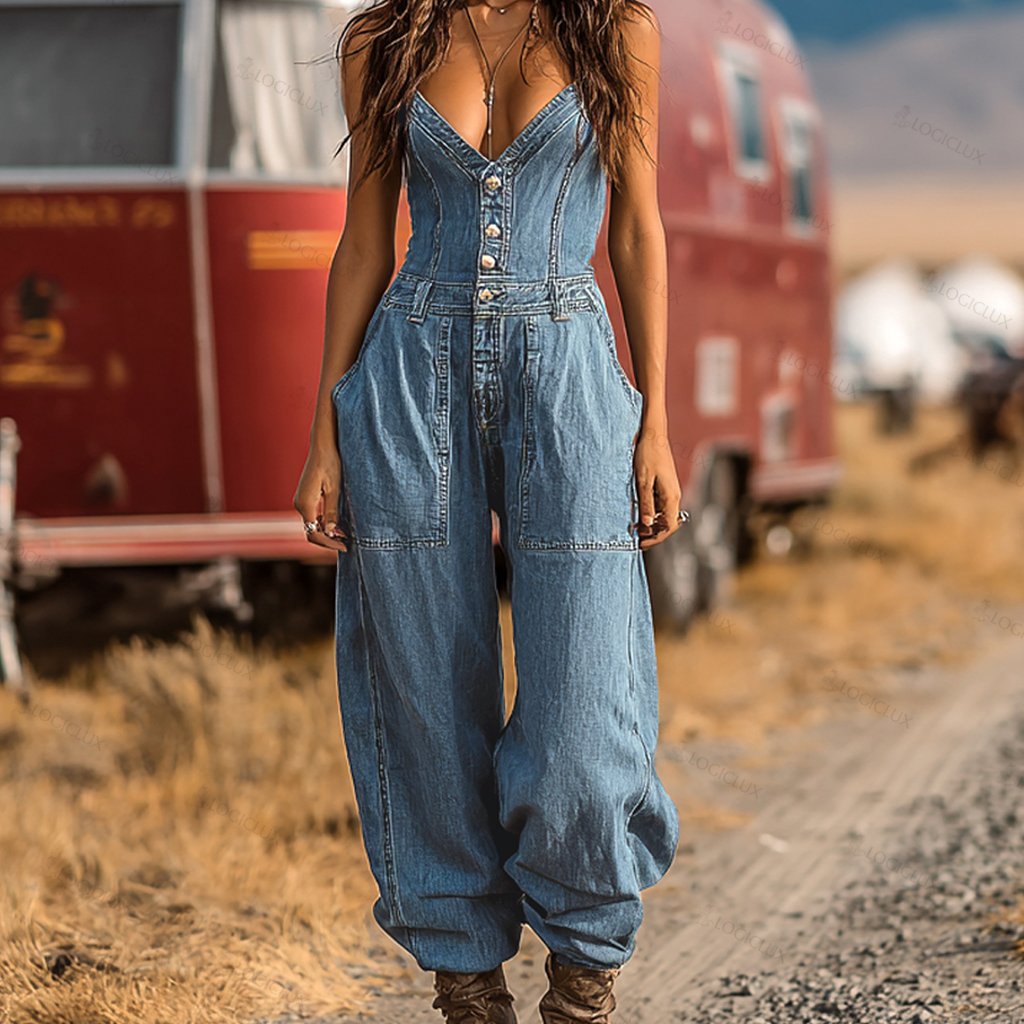 Women's Western Cowboy Style Outdoor Casual Denim Jumpsuit Trousers