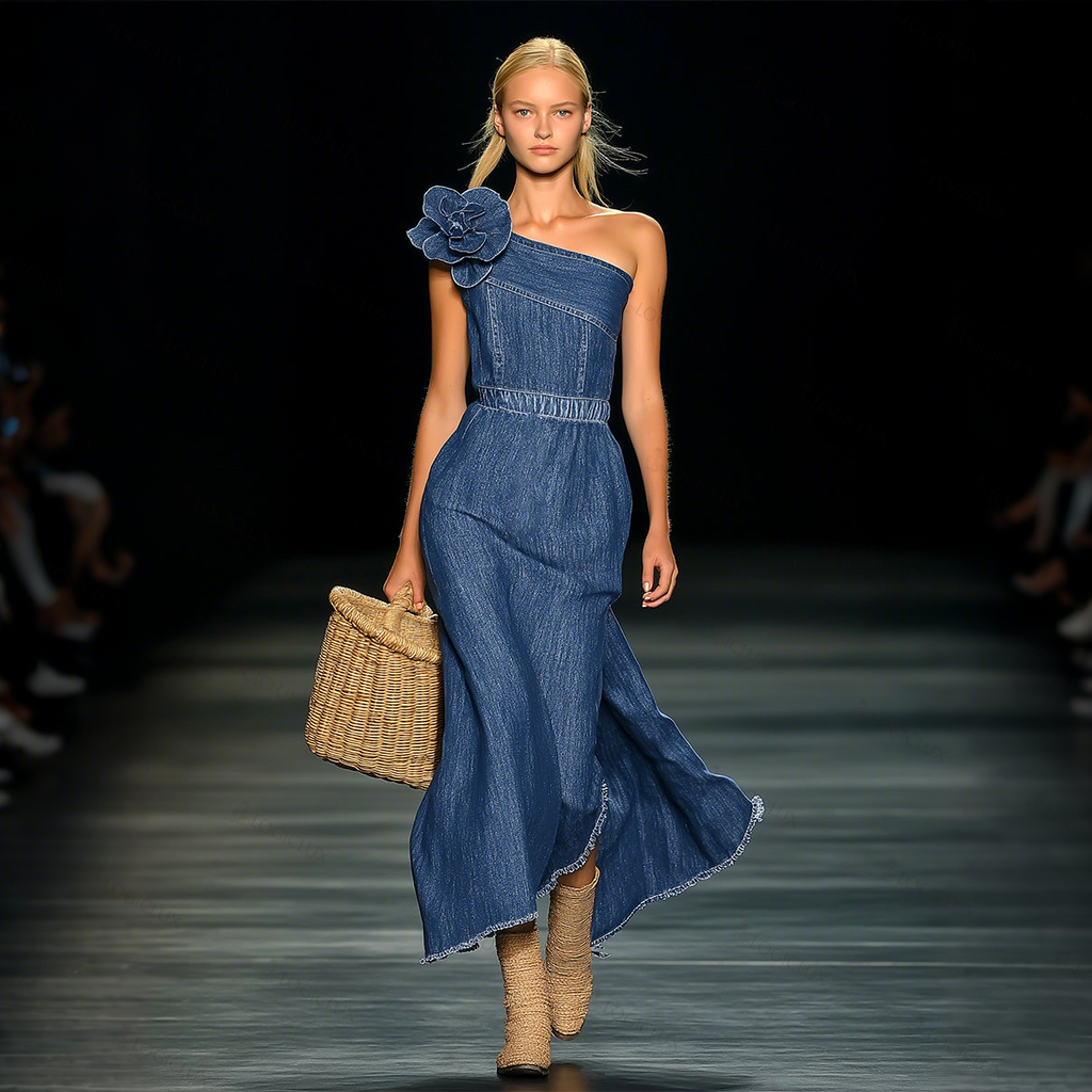 Elegant Strapless Denim 3D Floral Maxi Dress