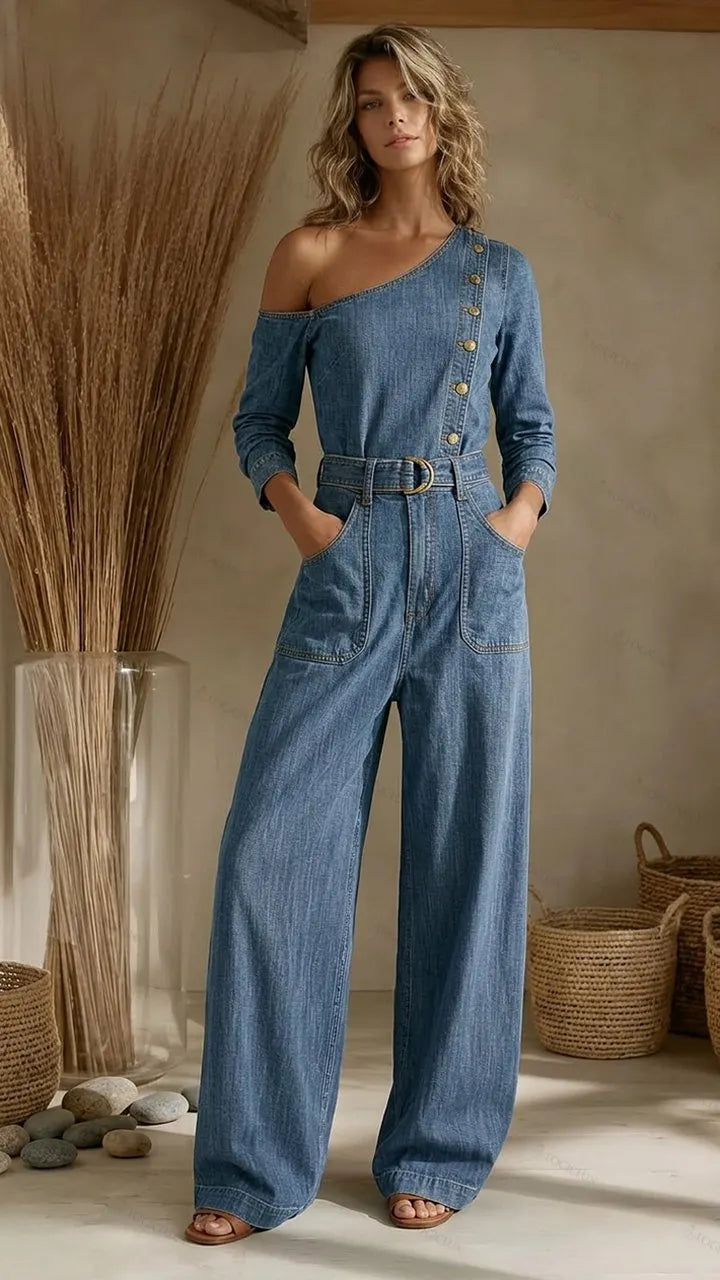 Women's Off-shoulder Single-row Button Denim Wide-leg Jumpsuit