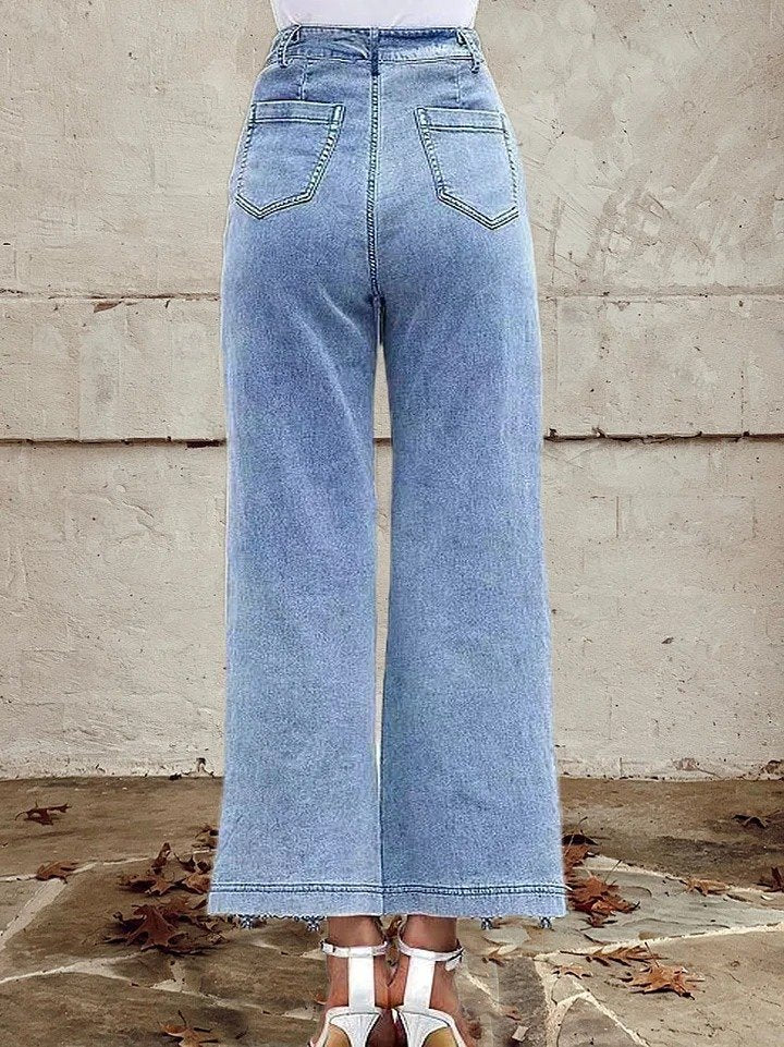 Women's Mid Waist Buttoned Lace Patchwork Jeans