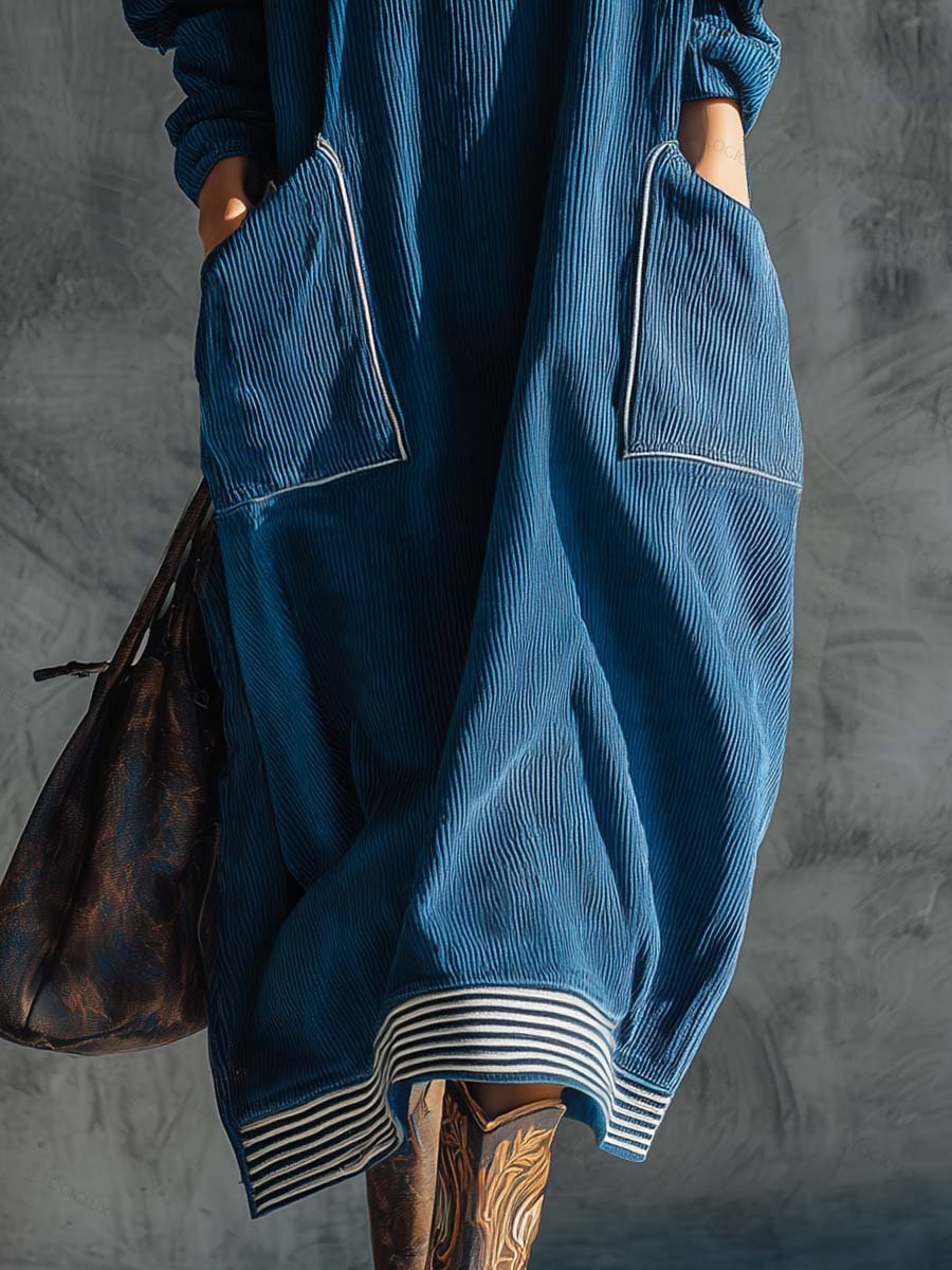 Casual Fashion Vintage High Collar Large Side Pockets Blue Corduroy Midi Dress