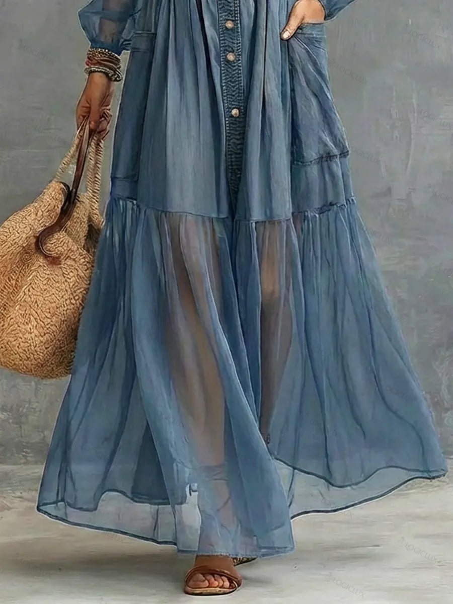 Women's Retro Lapel Denim Organza Patchwork Art Casual Maxi Dress