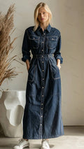Women's Turn-down Collar Cinched-waist Denim Maxi Shirt Dress with Pockets