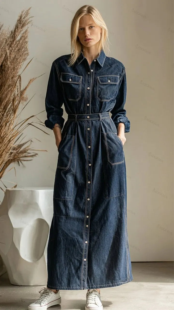 Women's Turn-down Collar Cinched-waist Denim Maxi Shirt Dress with Pockets