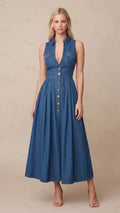 Womens Sleeveless Notched Collar Single-breasted Denim Maxi Dress
