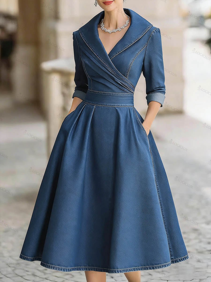 Women's V-neck Long-sleeved Casual Loose Denim Dress