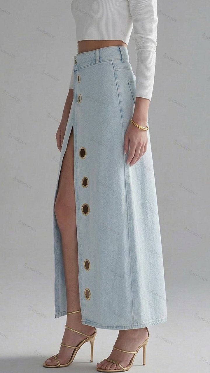 Womens Metal Ring Decorated Slit Denim Maxi Skirt